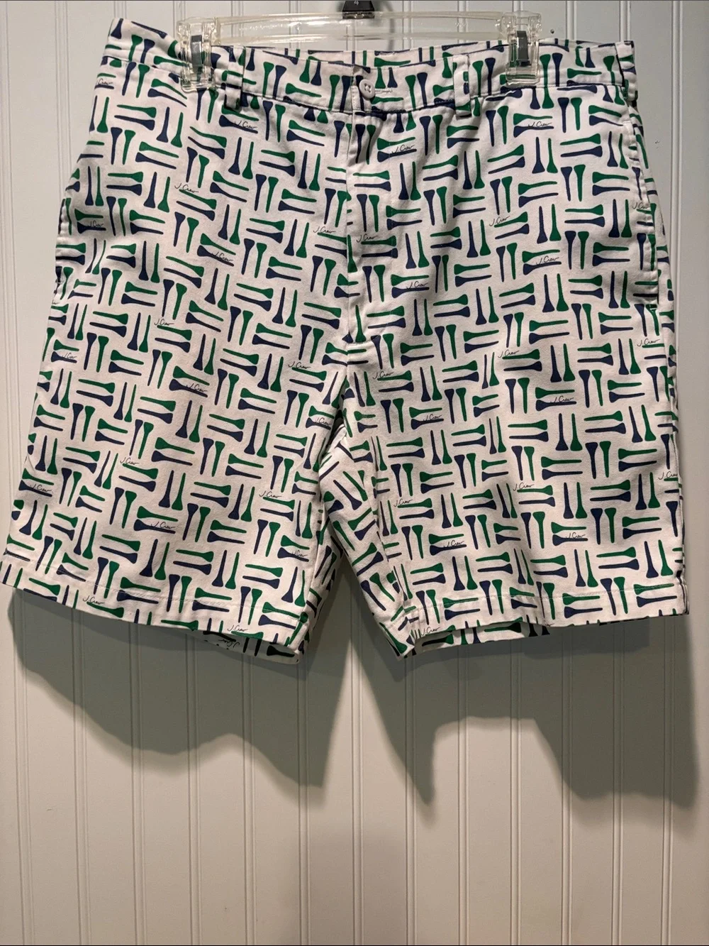 J. Crew White Shorts with Green & Navy Geometric Print